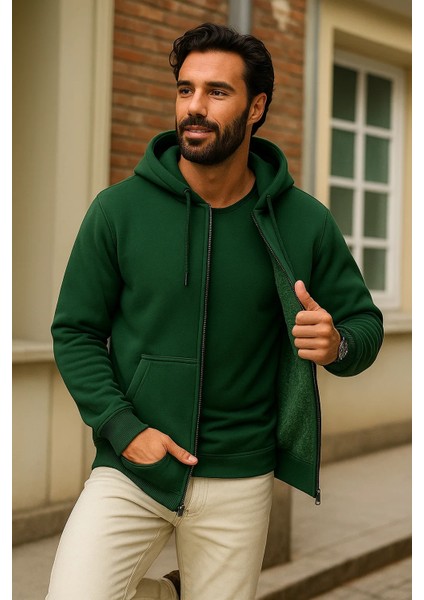 Erkek Kışlık Yeşil Oversize Uzun Hırka Sweatshirt modelleri