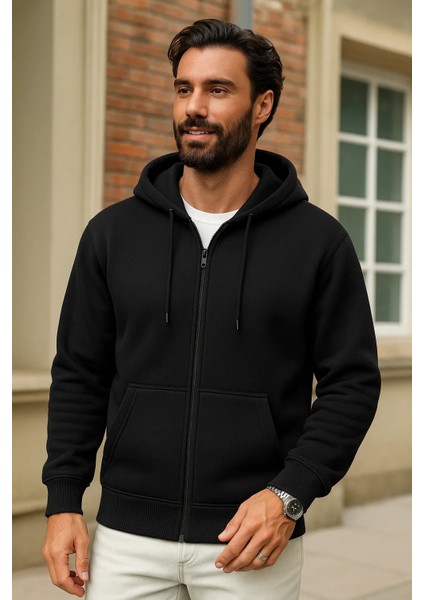 Erkek Kışlık Siyah Oversize Uzun Hırka Sweatshirt