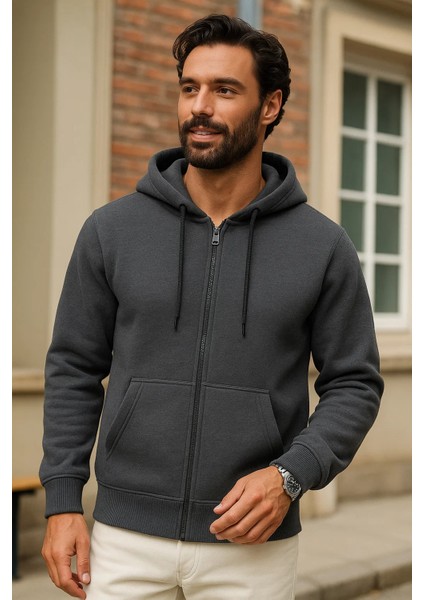 Erkek Kışlık Antrasit Oversize Uzun Hırka Sweatshirt