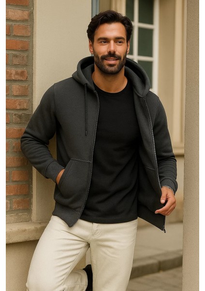 Erkek Kışlık Antrasit Oversize Uzun Hırka Sweatshirt modelleri