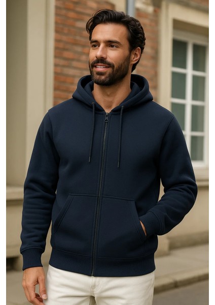 Erkek Kışlık Lacivert Oversize Uzun Hırka Sweatshirt