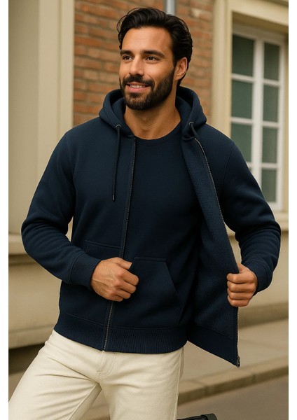 Erkek Kışlık Lacivert Oversize Uzun Hırka Sweatshirt modelleri
