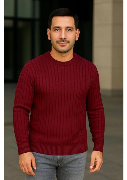 Erkek Bisiklet Yuvarlak Yaka Triko Kazak Pamuklu Kalın Fitilli Dokuma, Regular Fit Uzun Kollu Kışlık Model - Bordo modelleri