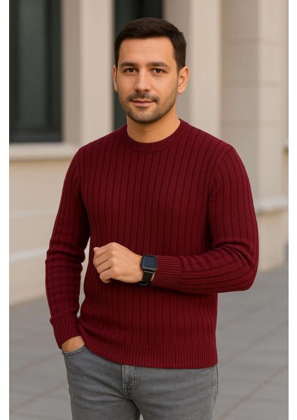 Erkek Bisiklet Yuvarlak Yaka Triko Kazak Pamuklu Kalın Fitilli Dokuma, Regular Fit Uzun Kollu Kışlık Model - Bordo fırsatları