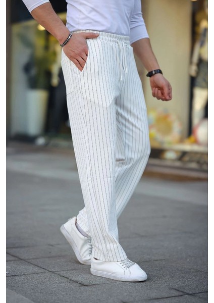 Erkek Cizgili Dokuma Krep Jogger Buggy Pantalon Rahat Kalıp - Beyaz fiyatları