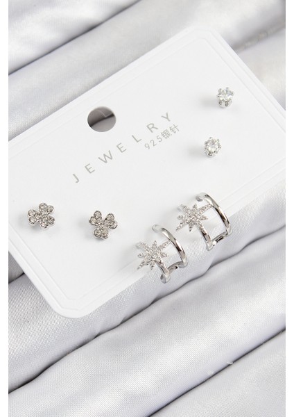 Pirinç Zirkon Taşlı Kutup Yıldızı Model Gümüş Renk 925 Ayar Gümüş Çivi Kadın Küpe Set - TJ-BKP11167 fiyatları