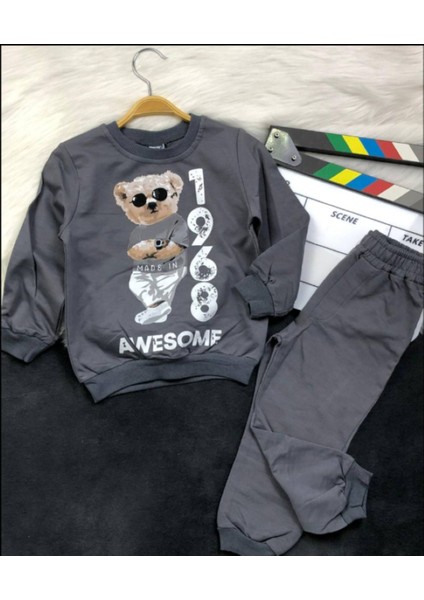 3-6 Yaş Ayıcık Baskılı Pamuklu Bisiklet Yaka Çocuk Eşofman Takımı | Mevsimlik