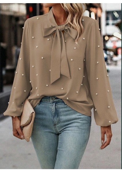 Kadın Uzun Kollu Yakadan Fiyonklu Incili Ithal Krep Bluz fiyatları