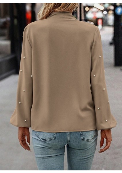 Kadın Uzun Kollu Yakadan Fiyonklu Incili Ithal Krep Bluz fırsatları