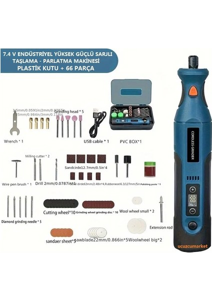 Parlatma Makinesi (66 Parça) Profesyonel 7.4V Yüksek Güçlü Şarjlı Taşlama