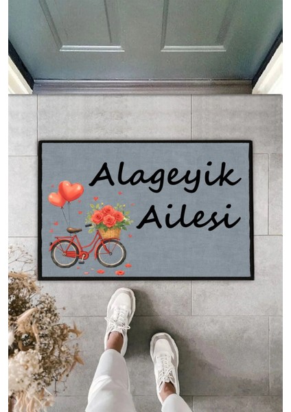 Soyisim ve Çiçekli Bisiklet Kişiye Özel Tasarım Kapi Paspas 60X40CM Kapi Onu Paspasi