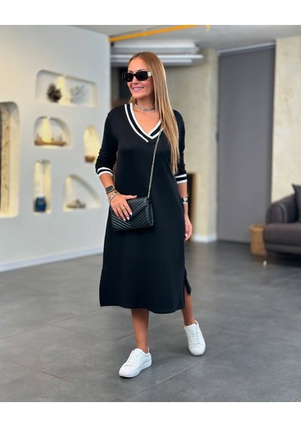 Kadın Uzun Kollu V Ribana Yakalı Yanlardan Yırtmaçlı Midi Viskon Iki Iplik Elbise modelleri