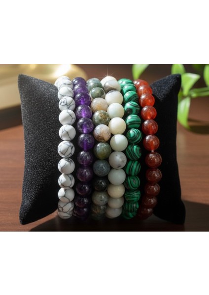 DOĞALTAŞ 6 ADET BİLEKLİK SETİ (MALAKİT,AMETİST,HAVLİT,AMAZONİT,YEŞİL AKİK , KAHVE KIRMIZI AKİK .)HUZUR VE DENGE .