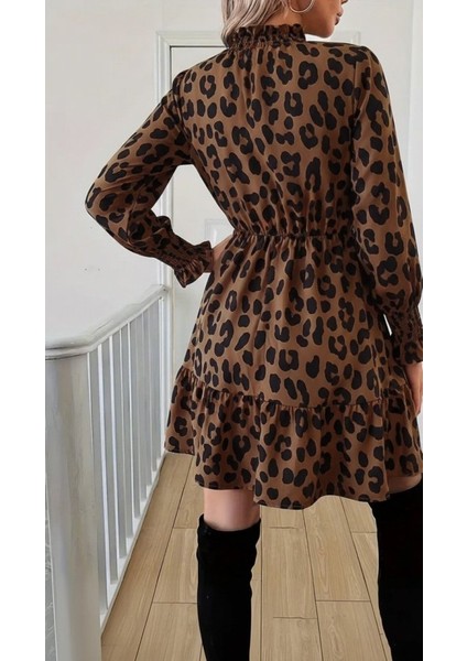 Kadın Uzun Kollu Yarı Balıkçı Yaka Leopar Desenli Modal Mini Elbise modelleri
