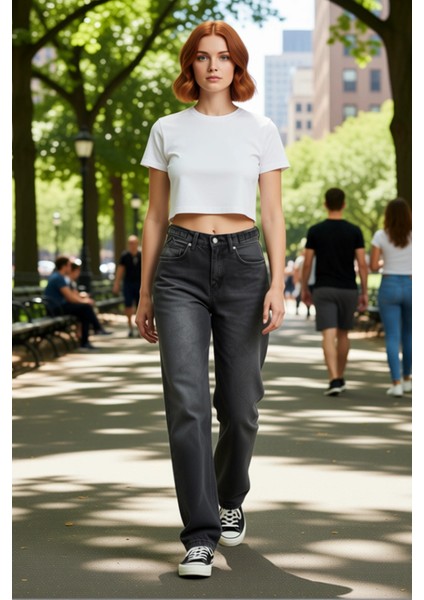 Genç Kadın Için Açık Bol Paça Yüksek Bel Denim Pantolon Fonksiyonel Dayanıklı Kaliteli Şık fırsatları