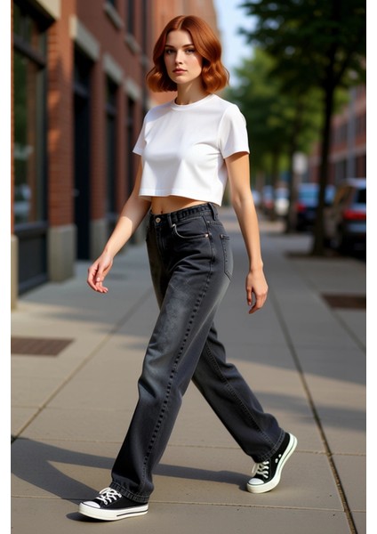 Genç Kadın Için Açık Bol Paça Yüksek Bel Denim Pantolon Fonksiyonel Dayanıklı Kaliteli Şık indirimleri