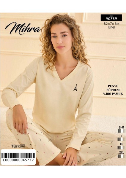 Mihra 90759 Kadın V Yaka Uzun Kol Pijama Takımı