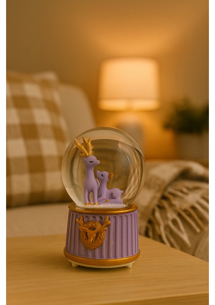 Mega Boy Mor Renk Anne ve Yavru Geyik Renkli 3D Cam Kar Küresi Müzikli Kar Efektli Püskürtmeli Pilli Hediyelik modelleri