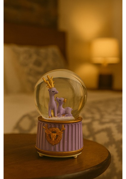 Mega Boy Mor Renk Anne ve Yavru Geyik Renkli 3D Cam Kar Küresi Müzikli Kar Efektli Püskürtmeli Pilli Hediyelik fırsatları