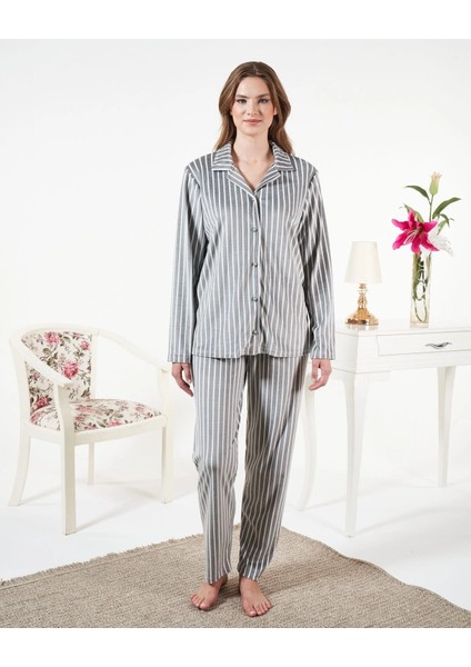 Estiva 25360 Gömlek Yaka Çizgili Kadife Pijama Takımı