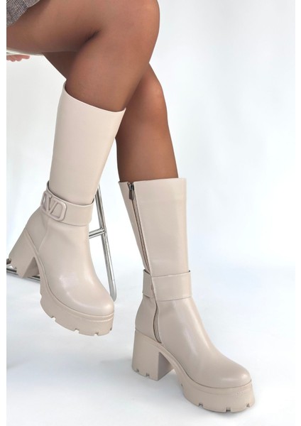 Moki Bej Cilt Topuklu Çizme - Lisinya