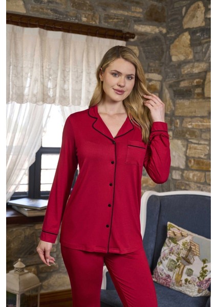 Aqua 26280 Kadın Uzun Kol Önü Düğmeli Pijama Takım