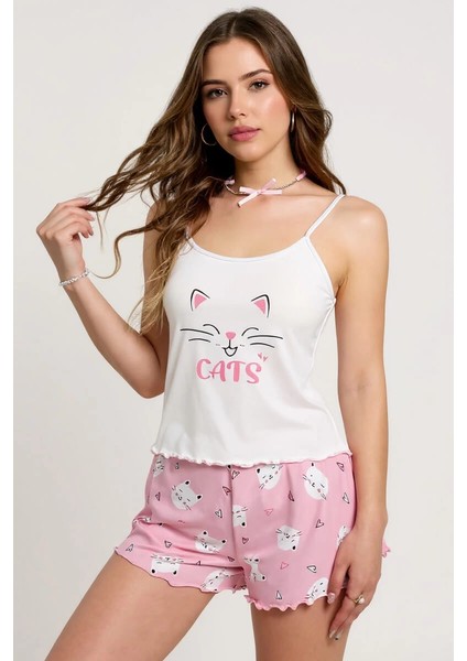 Renkli Kedi Desenli Askılı Şortlu Kadın Pijama Takımı