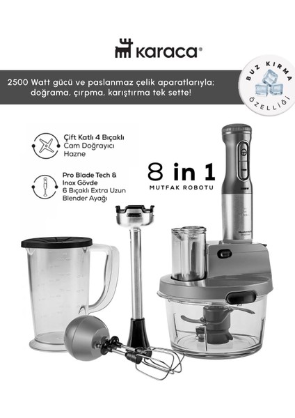 Sebze, Et ve Meyve Dilimle Doğra Karıştır Rendele Çırp Smoothie Yap 6 Bıçaklı 2500W Yüksek Güçlü Premium Mutfak Robotu & Blendır Inox