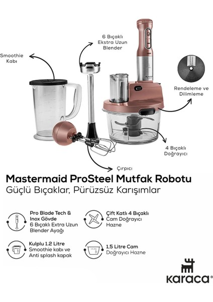 Sebze, Et ve Meyve Dilimle Doğra Karıştır Rendele Çırp Smoothie Yap 6 Bıçaklı 2500W Yüksek Güçlü Premium Mutfak Robotu & Blendır Inox