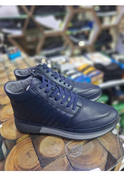 Lacivert Içi Kürklü Fermuarlı Kaymaz Taban Su Geçirmez Erkek Kısa Bot