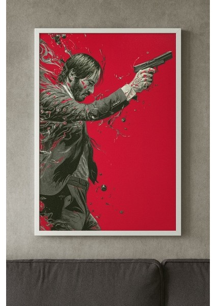 Kırmızı Zemin Üzerinde Aksiyon Silüeti – Sinema Temalı Duvar Tablosu (Çerçeveli)