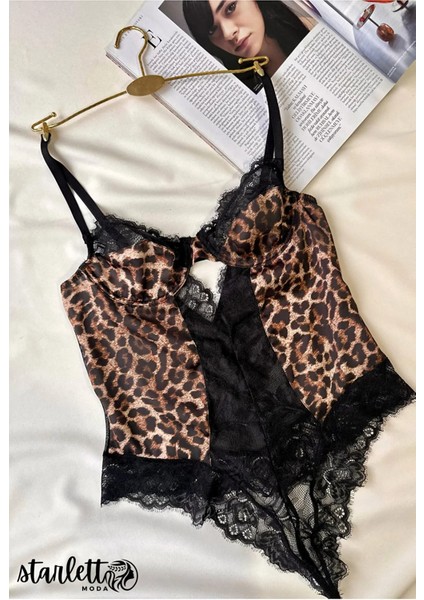 Leopar Desenli Dantelli Balenli Kapsız Transparan String Bodysuit
