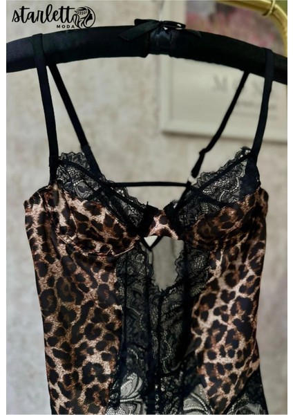 Leopar Desenli Dantelli Balenli Kapsız Transparan String Bodysuit fiyatları