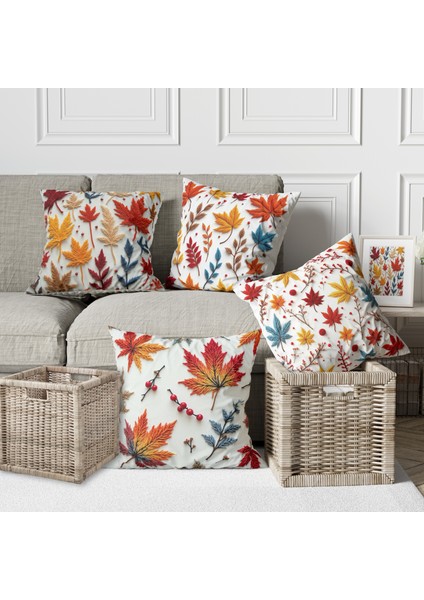 4 Lü Kombin Punch Desen Yaprak Dijital Baskılı Kırlent Kılıfı