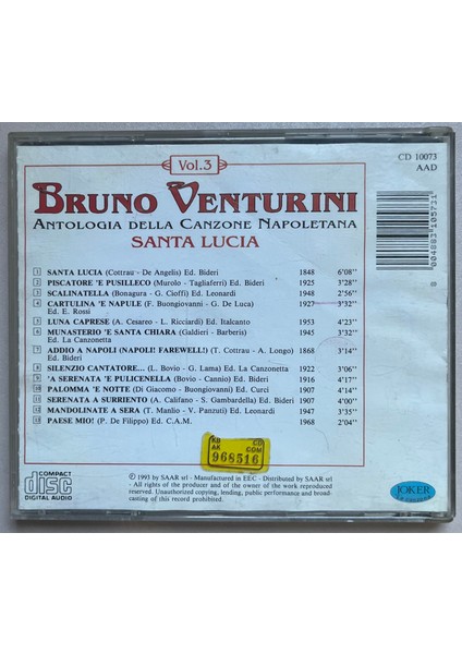 Bruno Venturini Santa Lucia CD (Orijinal 1996 Dönem Baskı Cd) fiyatları