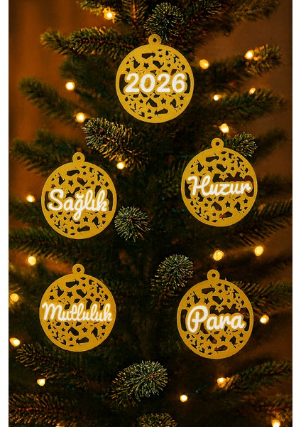 5'li 2026 Yılbaşı Ağacı Süsü Seti – Sağlık, Huzur, Mutluluk, Para ve 2026 Yeni Yıl Temalı Dekoratif Çam Ağacı Süsü | ARTPERA3D