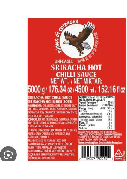 5 Lt Uni-Eagle Sriracha Hot Chili Sos fiyatları
