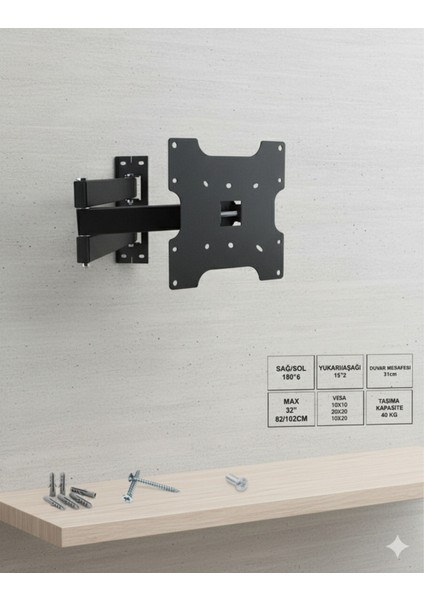 32KH Duvar Tipi LCD Tv Askı Aparatı – Hareketli 3 Kollu 32'' (82 Cm) Uyumlu