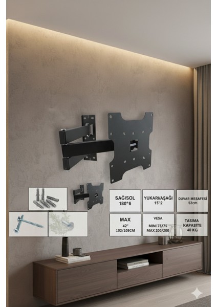 42KH Hareketli 3 Kollu Duvar Tipi LCD Tv Askı Aparatı (42–49’’ / 106–124 Cm)