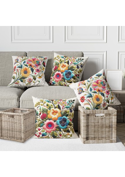 4 Lü Kombin Nakış Görünümlü Renkli Çiçek Desen Dijital Baskılı Kırlent Kılıfı