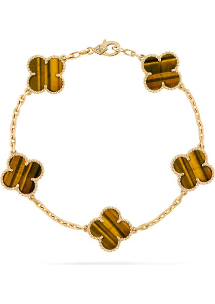 Van Cleef & Arpels Vintage Alhambra Bileklik, 5 Motif Yonca 925 Ayar Gümüş Sarı Kaplama, Kahverengi Kaplan Gözü Taşlı