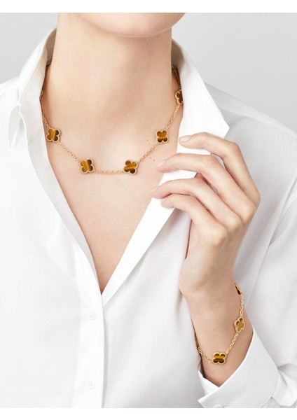 Van Cleef & Arpels Vintage Alhambra Bileklik, 5 Motif Yonca 925 Ayar Gümüş Sarı Kaplama, Kahverengi Kaplan Gözü Taşlı fiyatları