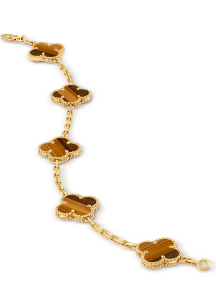 Van Cleef & Arpels Vintage Alhambra Bileklik, 5 Motif Yonca 925 Ayar Gümüş Sarı Kaplama, Kahverengi Kaplan Gözü Taşlı fırsatları