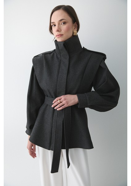 Antrasit Apoletli Vatkalı Kaşe Kaban - 1005