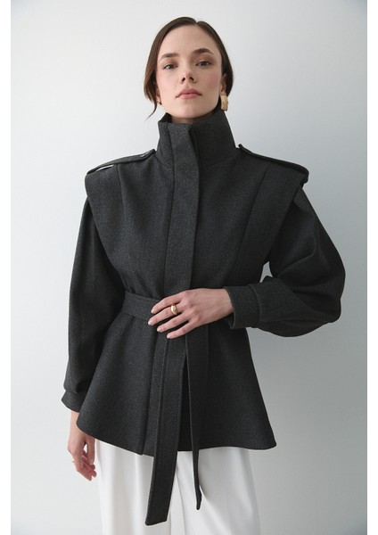 Antrasit Apoletli Vatkalı Kaşe Kaban - 1005 fiyatları