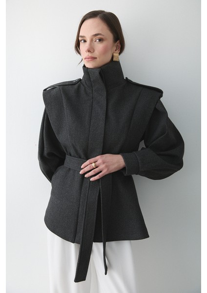 Antrasit Apoletli Vatkalı Kaşe Kaban - 1005 modelleri