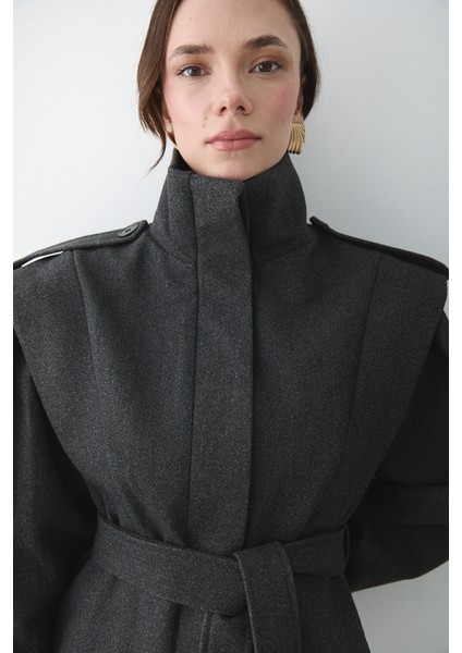 Antrasit Apoletli Vatkalı Kaşe Kaban - 1005 indirimleri