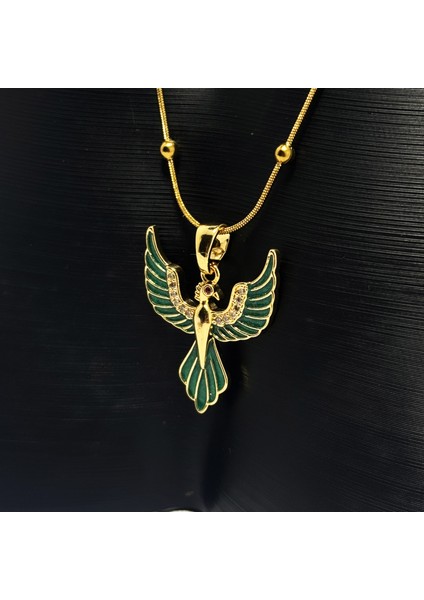 Yeşil Mineli Antik Kuş Çelik Kolye