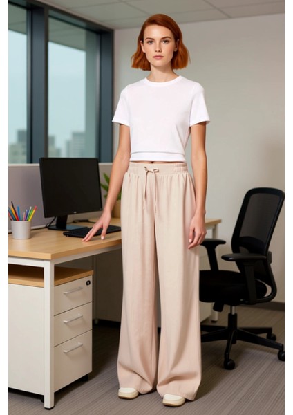 Kadın Düz Dokuma Geniş Paça Pantolon Fonksiyonel Dayanıklı Kaliteli Konforlu Estetik Rahat
