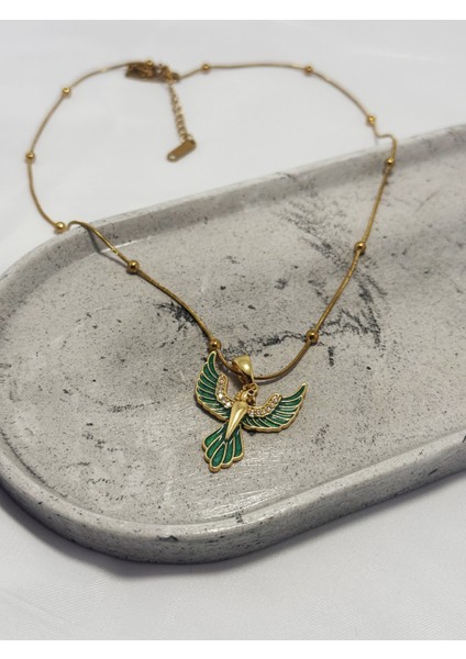 Yeşil Mineli Antik Kuş Çelik Kolye